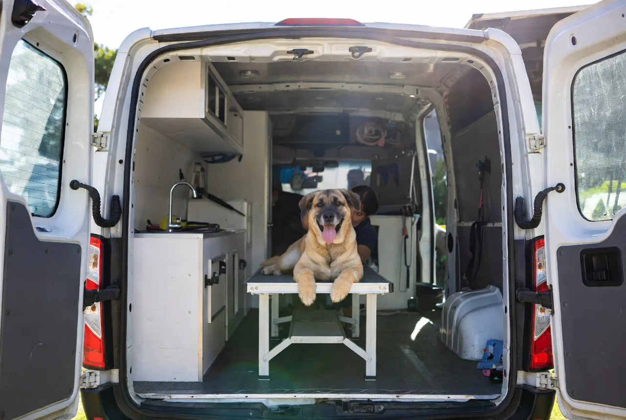 Glücklicher Hund liegt auf dem Tisch im mobilen Grooming-Van